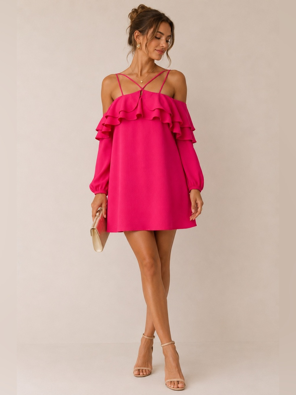 Fourteenth Place Hot Pink Ruffle Cold Shoulder Mini Dress Size L